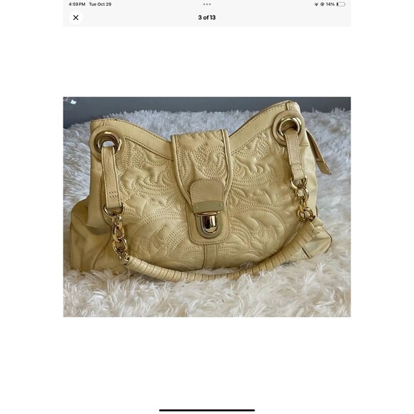 BCBG Max Azria Cream/Yellow Tooled Leather Double Handled Shoulder Purse/Bag - Picture 3 of 12